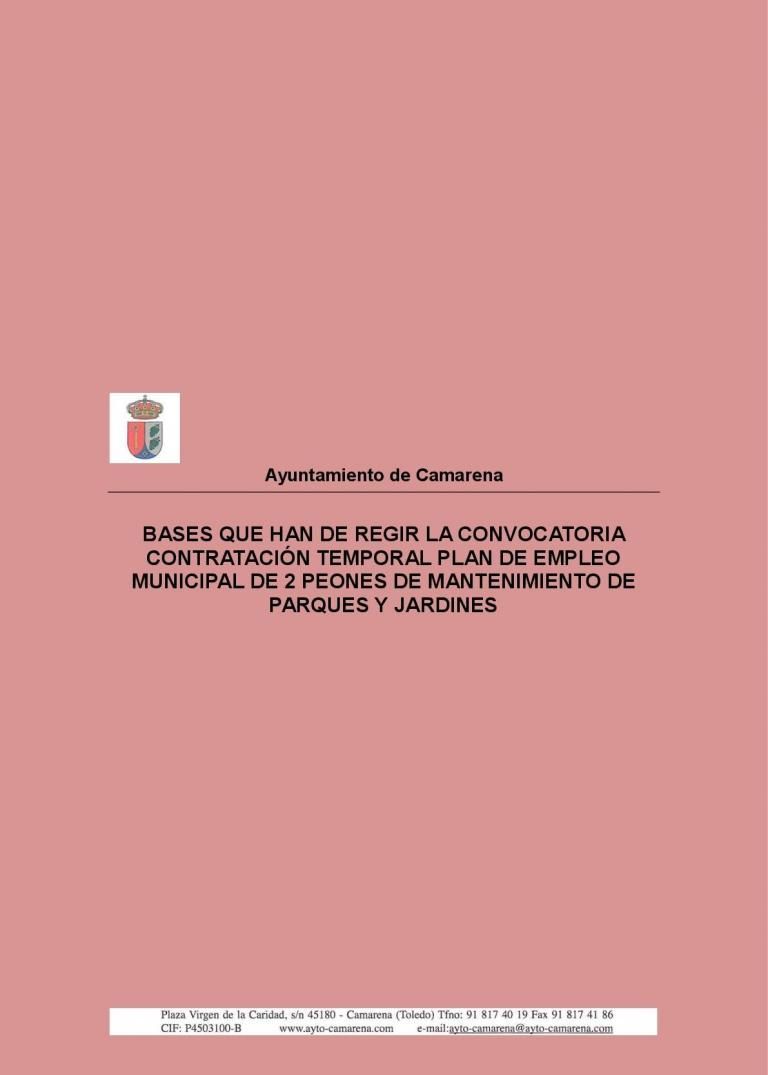 BASES QUE HAN DE REGIR LA CONVOCATORIA CONTRATACIÓN TEMPORAL PLAN DE EMPLEO MUNICIPAL DE 2 PEONES DE MANTENIMIENTO DE PARQUES Y JARDINES
