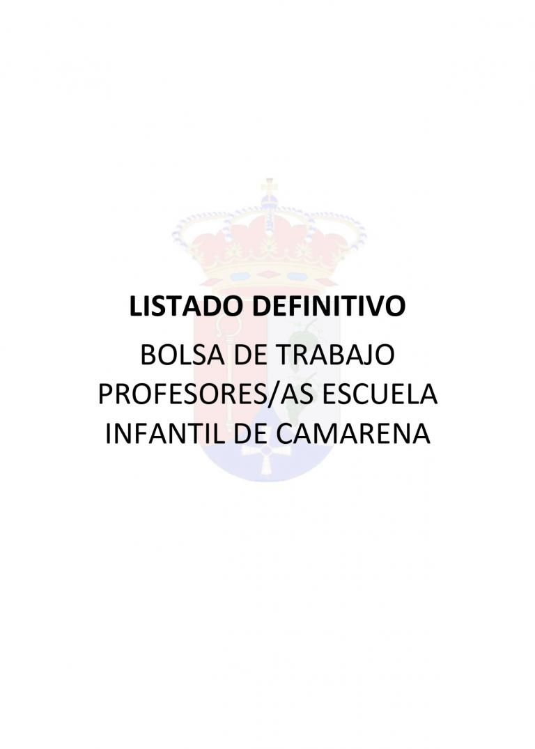 LISTADO DEFINITIVO. BOLSA DE TRABAJO PROFESORES/AS ESCUELA INFANTIL DE CAMARENA.