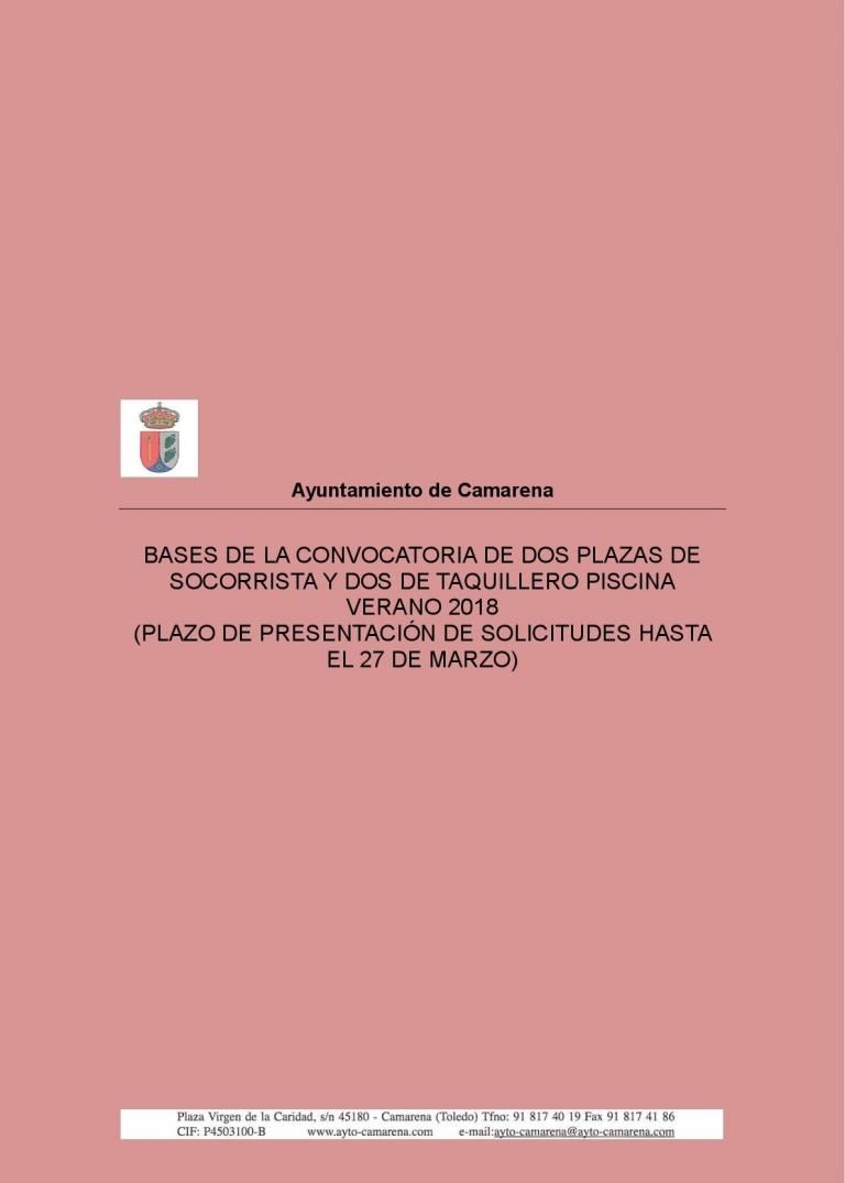 BASES ESPECÍFICAS CONVOCATORIA DOS PLAZAS DE SOCORRISTA Y DOS DE TAQUILLERO PISCINA VERANO 2018