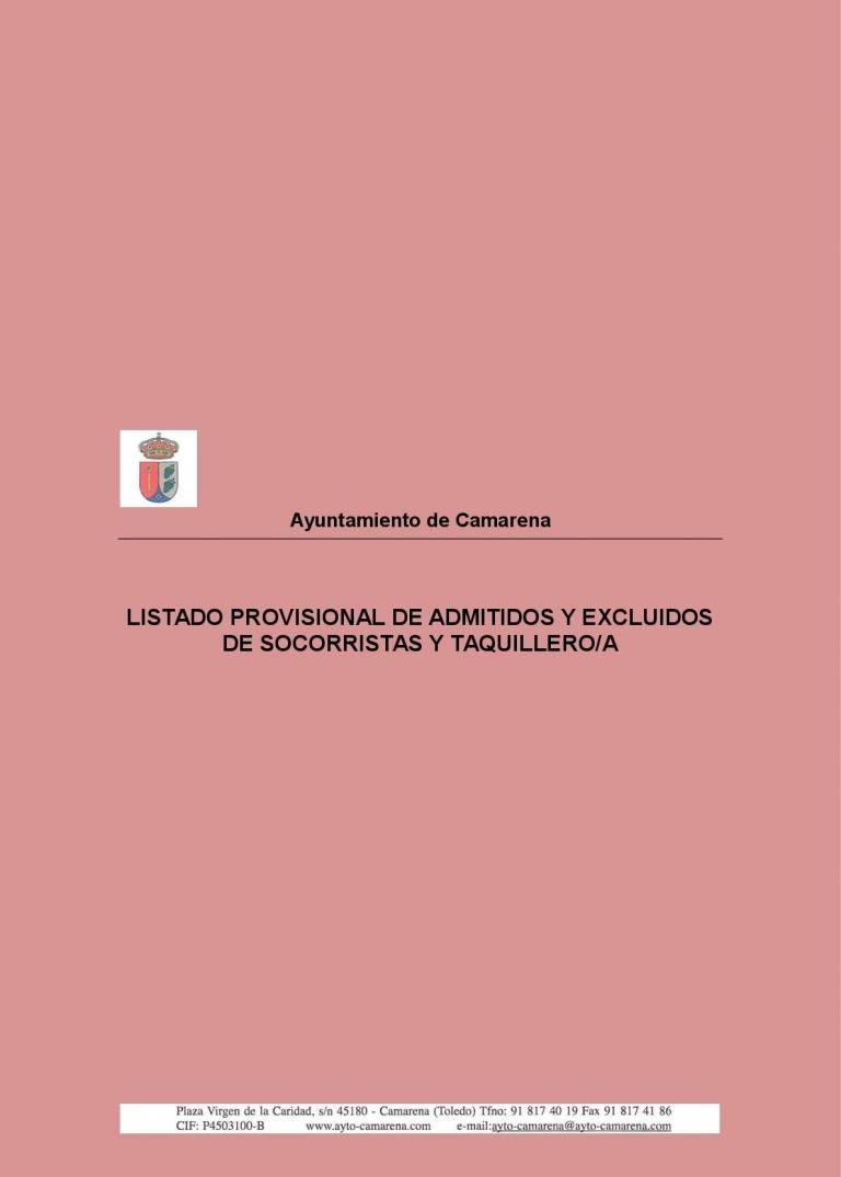 LISTADO PROVISIONAL ADMITIDOS Y EXCLUIDOS SOCORRITAS Y TAQUILLEROS/AS