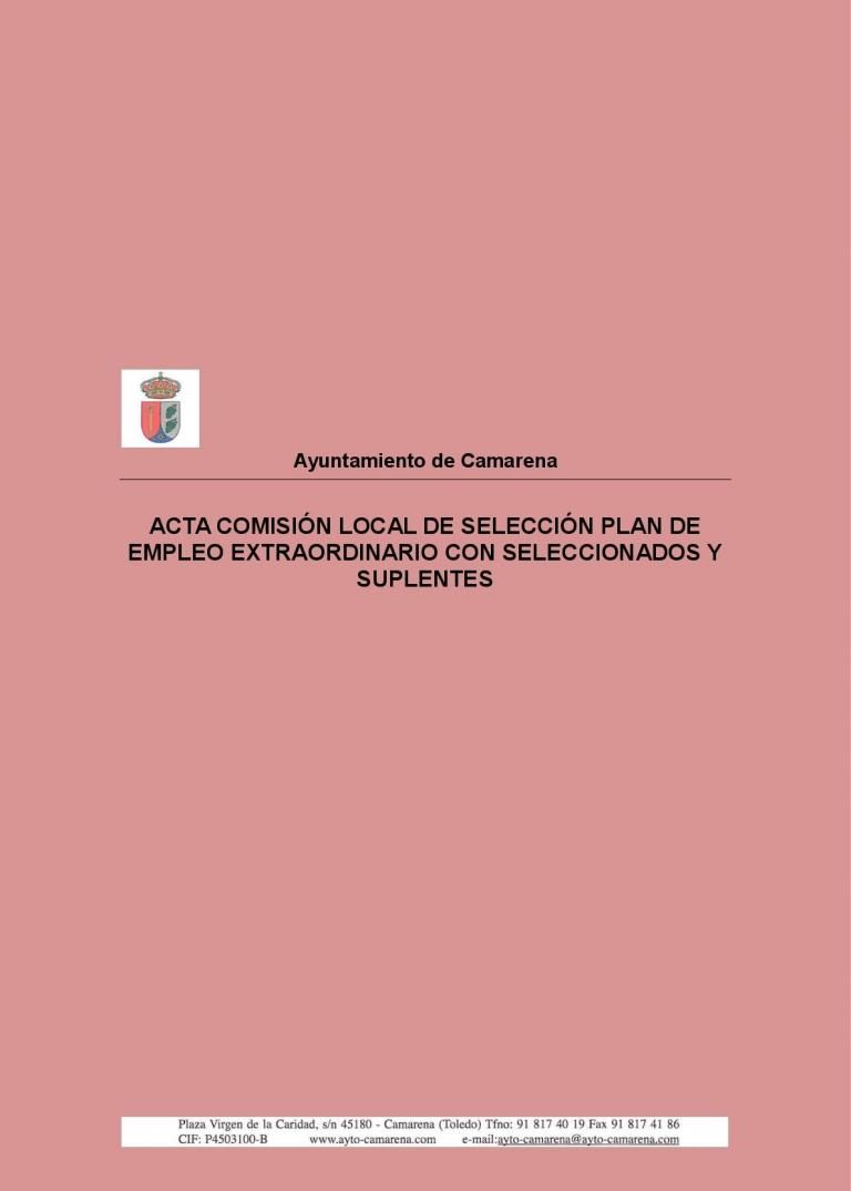 ACTA COMISIÓN LOCAL DE SELECCION PLAN DE EMPLEO EXTRAORDINARIO CON SELECCIONADOS Y SUPLENTES