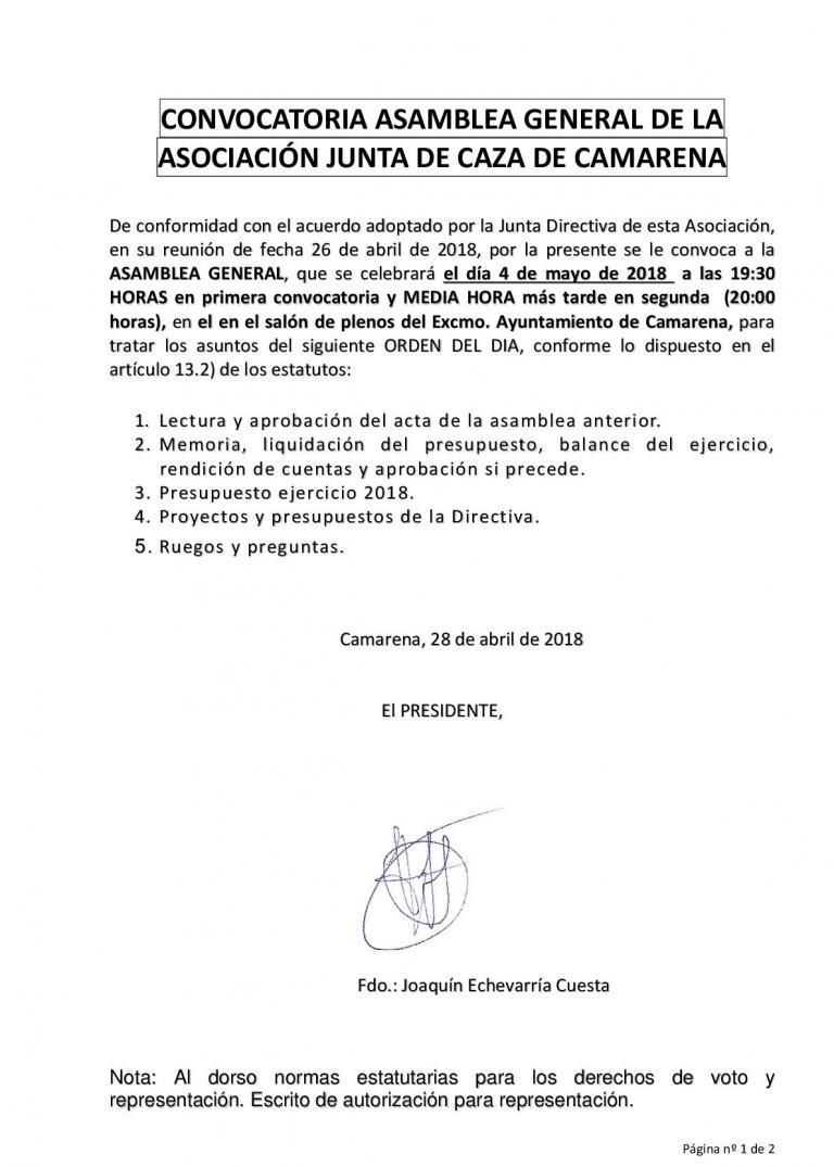 CONVOCATORIA ASAMBLEA GENERAL DE LA ASOCIACIÓN JUNTA DE CAZA DE CAMARENA