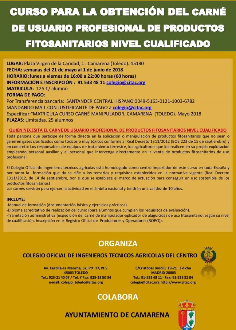 CARNÉ DE USUARIO PROFESIONAL DE PRODUCTOS FITOSANITARIOS NIVEL CUALIFICADO