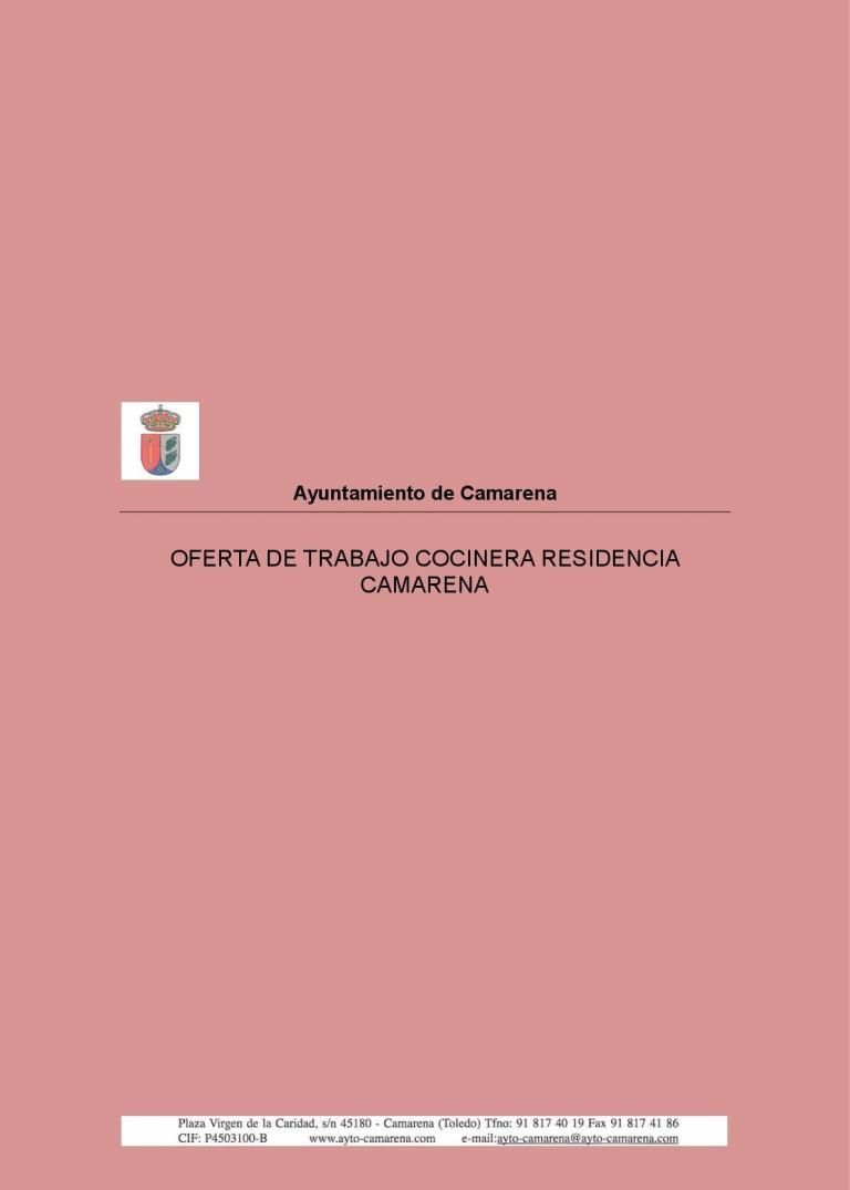 OFERTA DE TRABAJO COMO COCINERA EN LA RESIDENCIA DE CAMARENA