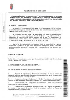 Pliego de cláusulas administrativas para la explotación del bar del hogar del jubilado de Camarena.