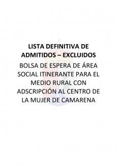 LISTA DEFINITIVA DE ADMITIDOS – EXCLUIDOS  BOLSA DE ESPERA DE ÁREA SOCIAL ITINERANTE PARA EL MEDIO RURAL CON ADSCRIPCIÓN AL CENTRO DE LA MUJER DE CAMARENA