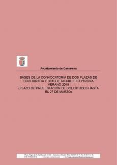 BASES ESPECÍFICAS CONVOCATORIA DOS PLAZAS DE SOCORRISTA Y DOS DE TAQUILLERO PISCINA VERANO 2018