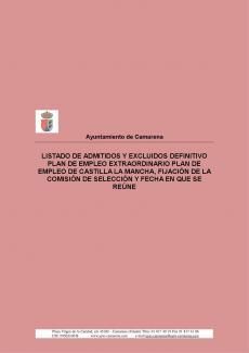 LISTADO DE ADMITIDOS Y EXCLUIDOS DEFINITIVO PLAN DE EMPLEO EXTRAORDINARIO PLAN DE EMPLEO DE CASTILLA LA MANCHA, FIJACIÓN DE LA COMISIÓN DE SELECCIÓN Y FECHA EN QUE SE REÚNE
