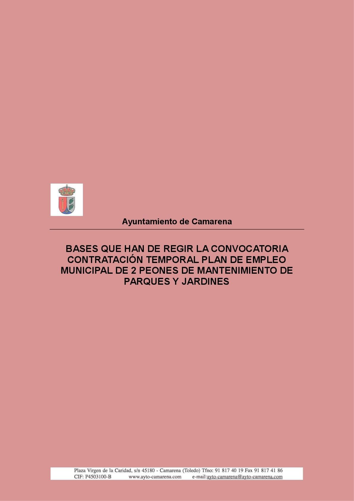 BASES QUE HAN DE REGIR LA CONVOCATORIA CONTRATACIÓN TEMPORAL PLAN DE EMPLEO MUNICIPAL DE 2 PEONES DE MANTENIMIENTO DE PARQUES Y JARDINES