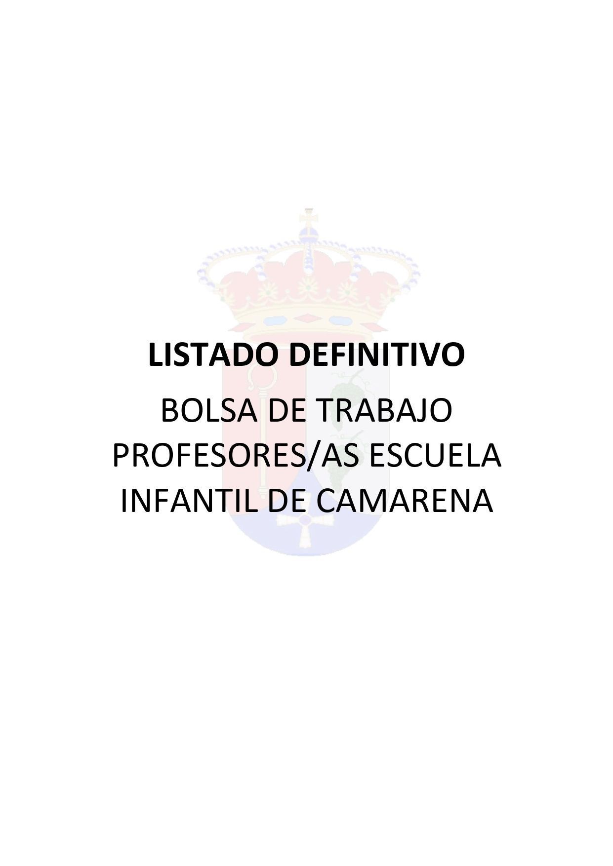 LISTADO DEFINITIVO. BOLSA DE TRABAJO PROFESORES/AS ESCUELA INFANTIL DE CAMARENA.