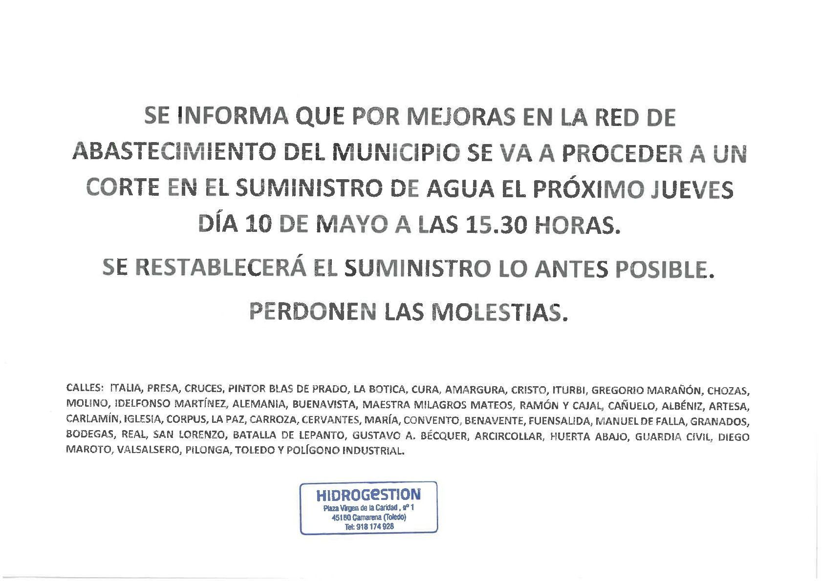 AVISO CORTE DE AGUA JUEVES 10 DE MAYO