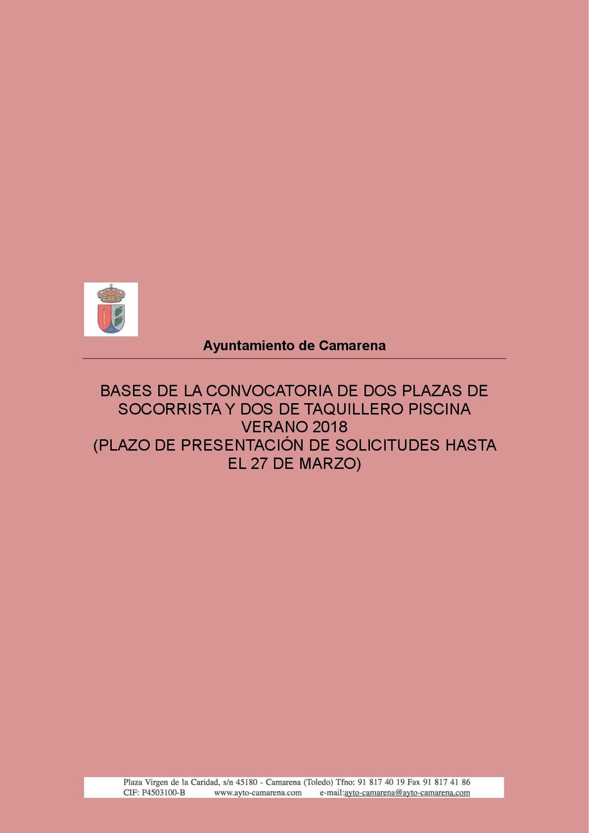 BASES ESPECÍFICAS CONVOCATORIA DOS PLAZAS DE SOCORRISTA Y DOS DE TAQUILLERO PISCINA VERANO 2018