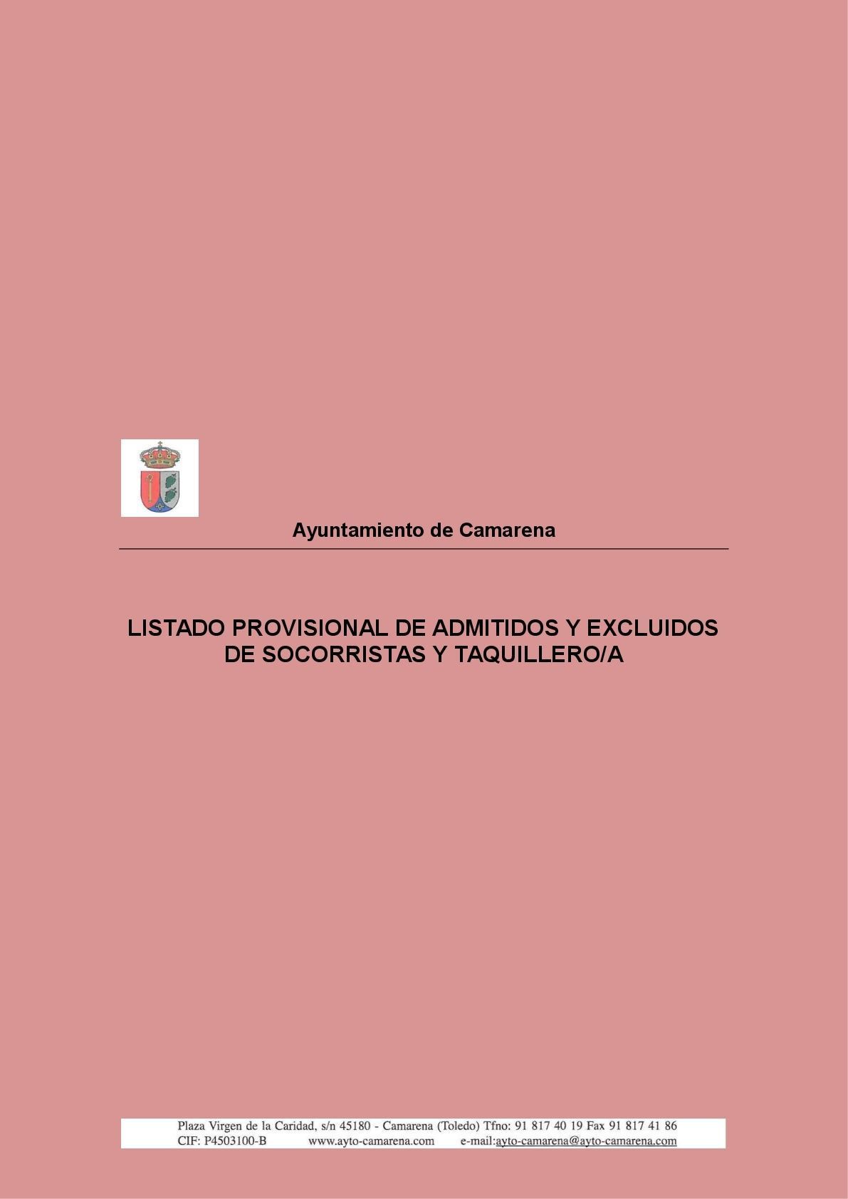 LISTADO PROVISIONAL ADMITIDOS Y EXCLUIDOS SOCORRITAS Y TAQUILLEROS/AS