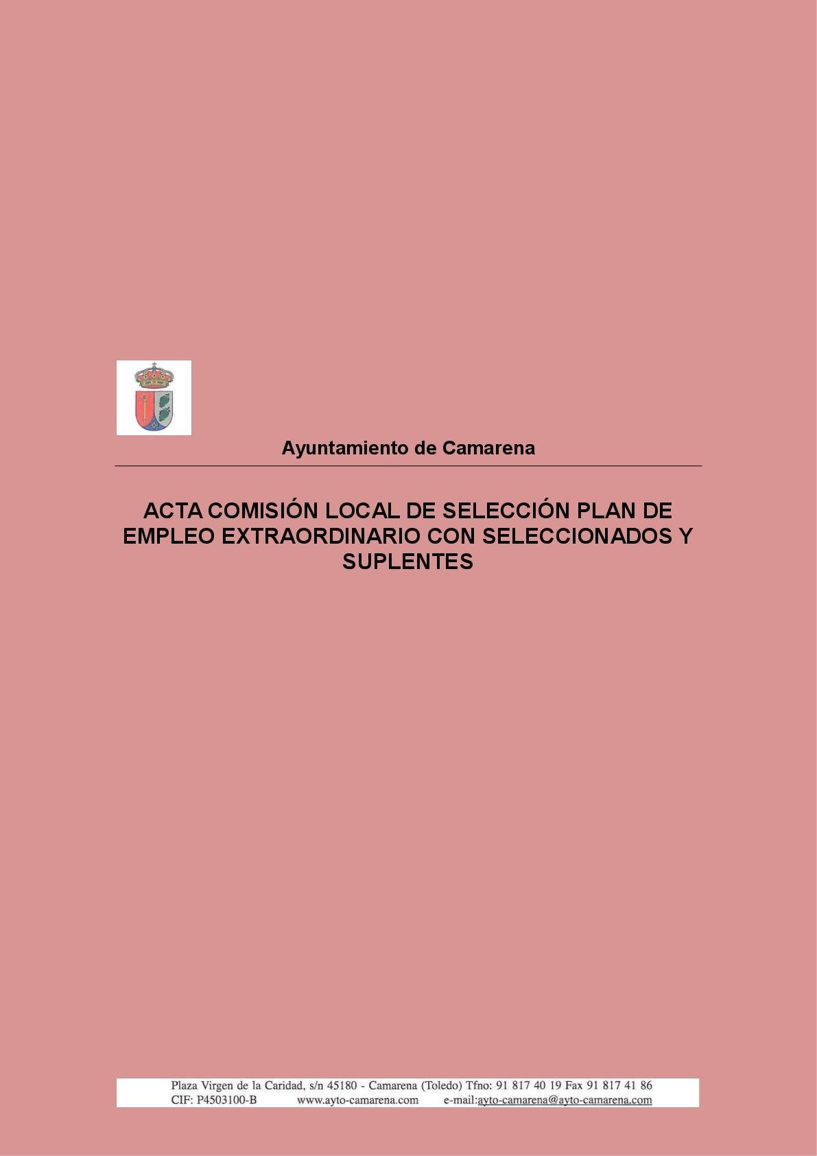 ACTA COMISIÓN LOCAL DE SELECCION PLAN DE EMPLEO EXTRAORDINARIO CON SELECCIONADOS Y SUPLENTES