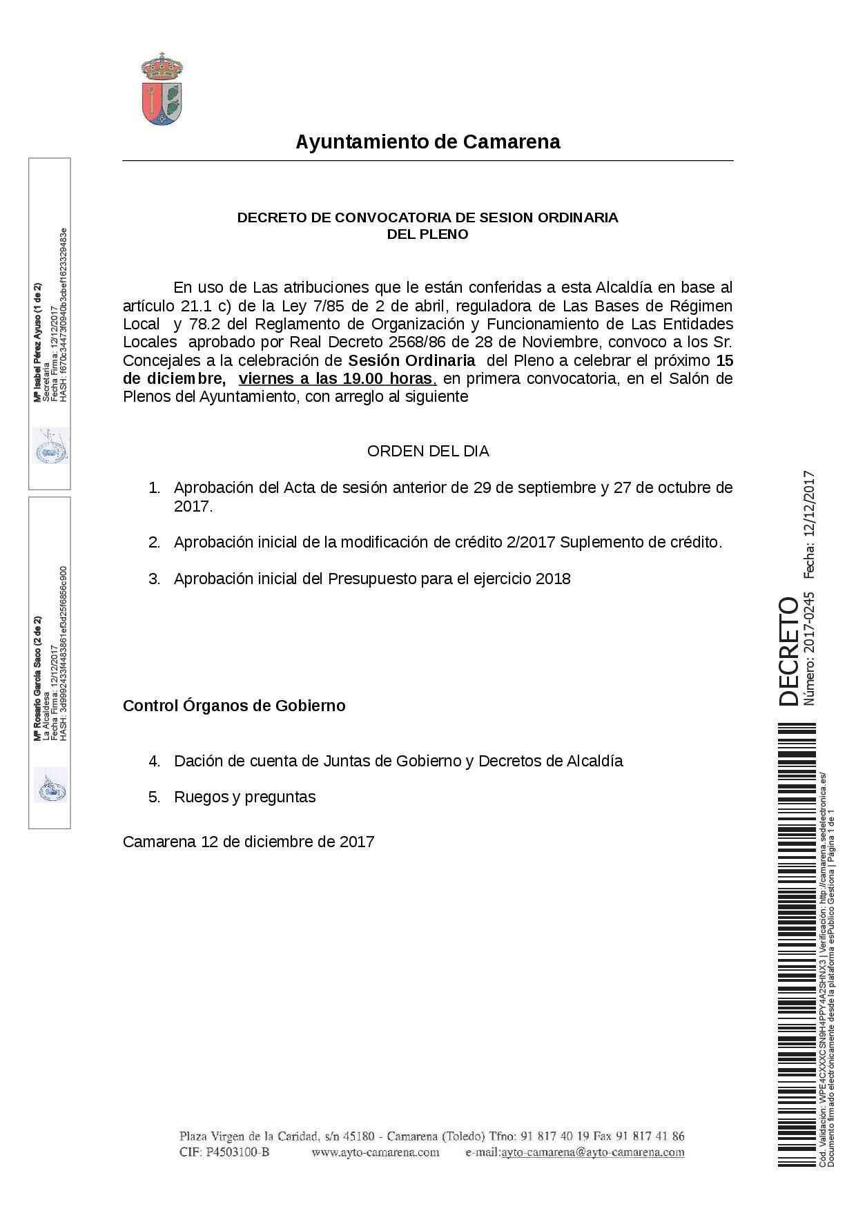 SESION PLENO ORDINARIO 15/12/2017