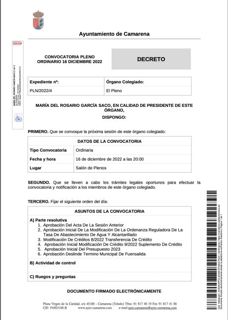 Convocatoria Pleno Ordinario 16 Diciembre 2022