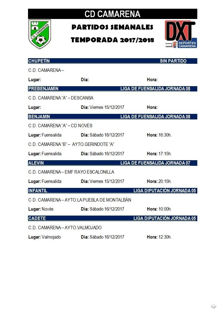 PARTIDOS DE FÚTBOL CD CAMARENA 15/12/17 - 16/12/17