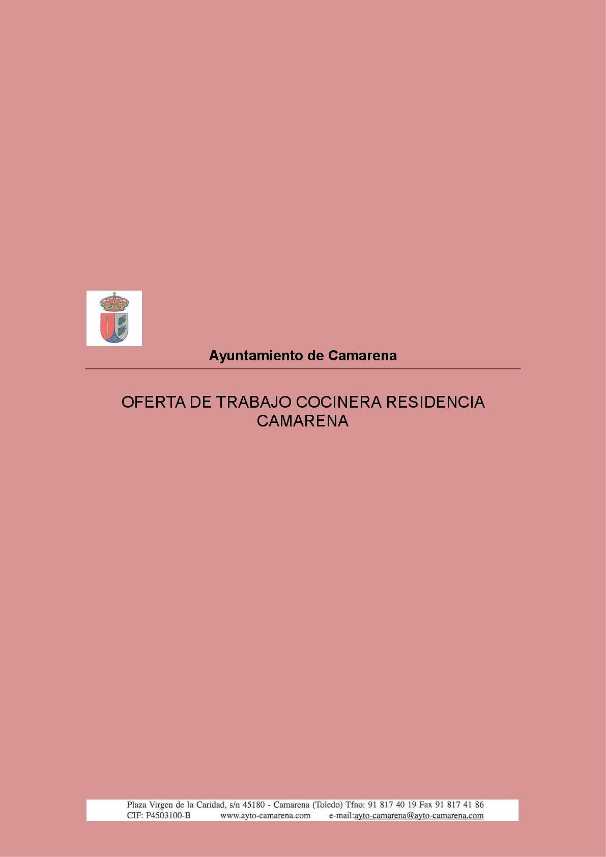 OFERTA DE TRABAJO COMO COCINERA EN LA RESIDENCIA DE CAMARENA